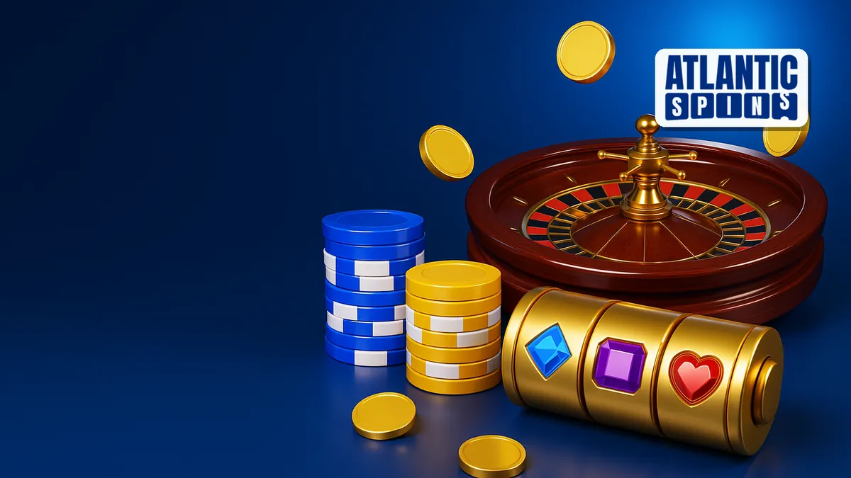 Atlantic Spins casino: roulette, chips and slot reels on royal blue with the official logo